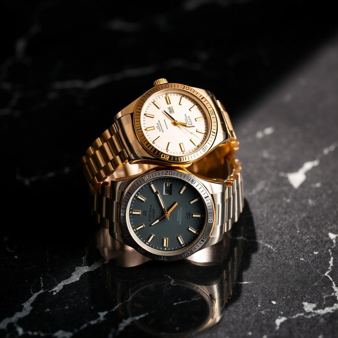 Two Aurelian timepieces resting on dark marble